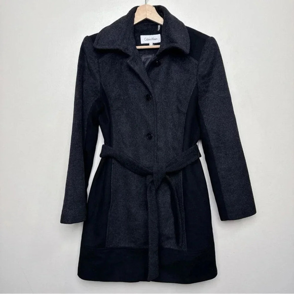 Calvin Klein  Womens 6 Wool Belted Colorblock Mid Length Coat In Grey Black - Picture 3 of 16